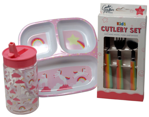 Kids Unicorn Dinner Set - Divided Plate Cup and Metal Cutlery Set