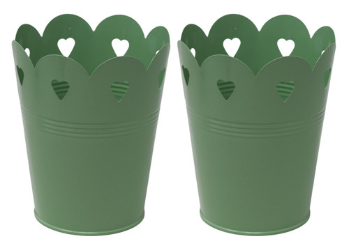 Metal Flower Plant Pots with Heart Cutout Design - Sage Green - Set of 2