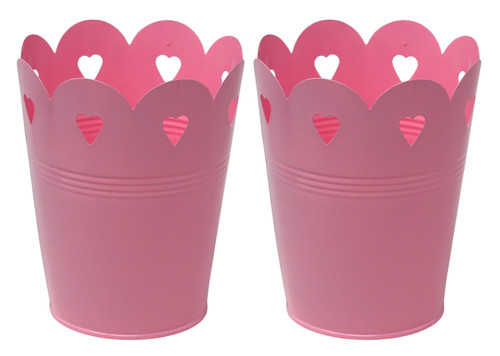 Metal Flower Plant Pots with Heart Cutout Design - Pink - Set of 2