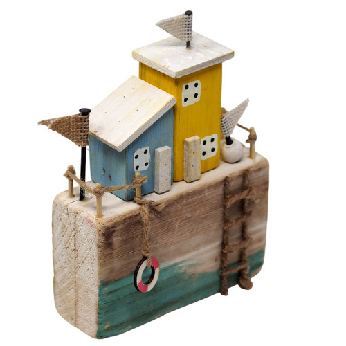 Nautical Rustic Wooden Coastal Village Beach Hut Ornament - Blue & Yellow