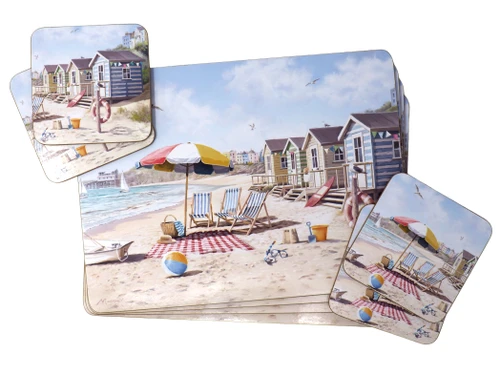 Set Of 8 Vintage Chic Beach Hut Coastal Scene Dinner Place Mats And Coasters