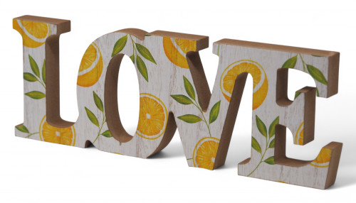 LOVE Block Sign with Citrus Lemon Print - Wooden Decorative Tabletop Word Art