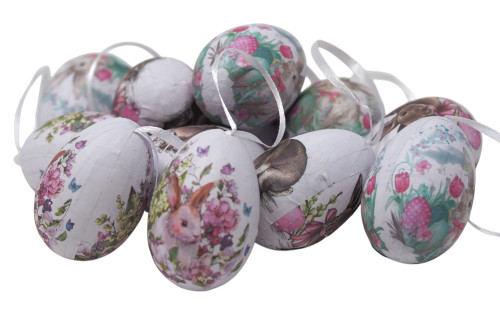 Decorative Hanging Easter Eggs with Bunny and Floral Prints - Set of 12