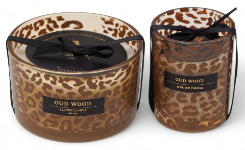 Oud Wood Scented Candles with Leopard Print Glass Holders - Set of 2