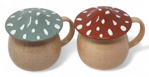 Mushroom Shaped Ceramic Mugs with Lids - Speckled Finish - Set of 2