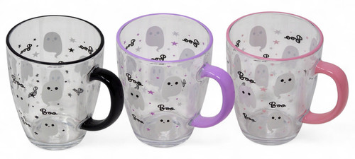 Cute Halloween Ghost Mugs with Coloured Handles - Transparent Glass - Set of 3
