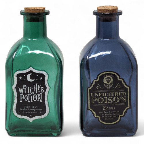 Halloween Decorative Glass Potion Bottles with Cork Stoppers - Set of 2