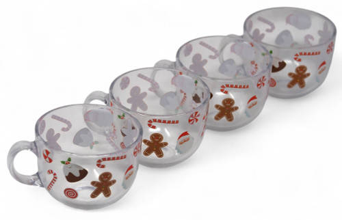 Large Christmas Latte / Hot Chocolate Clear Glass Mugs - Gingerbread - Set of 4