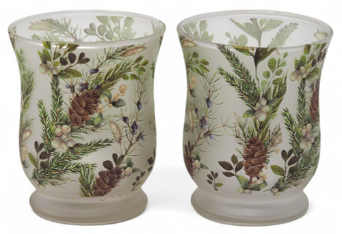 Frosted Glass Storm Tealight Candle Holders Pinecone Mistletoe Design - Set of 2