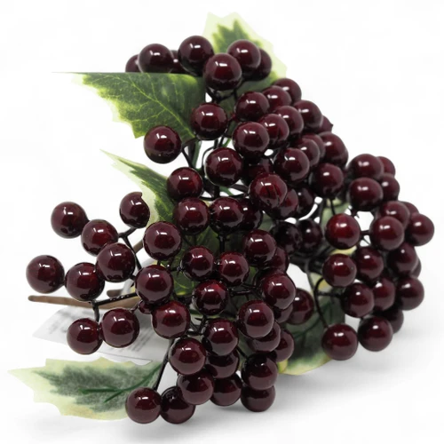 Christmas Berry Picks - Artificial Deep Red Wine Berries Green Leaves - Set of 6