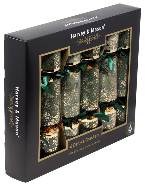 Harvey & Mason Deluxe Christmas Crackers - Forest Green Gold - Set of 6 Harvey & Mason Deluxe Christmas Crackers - Forest Green Gold - Set of 6