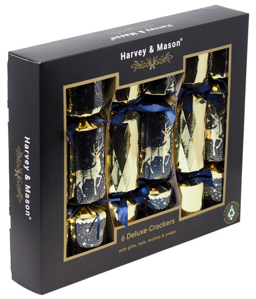 Harvey & Mason Deluxe Christmas Crackers - Navy Blue Gold Stag - Set of 6 Harvey & Mason Deluxe Christmas Crackers - Navy Blue Gold Stag - Set of 6