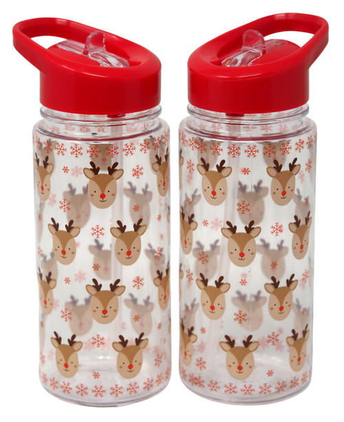 Reindeer Christmas Kids Water Bottles Flask - Lid and Flip Top Spout - Set of 2