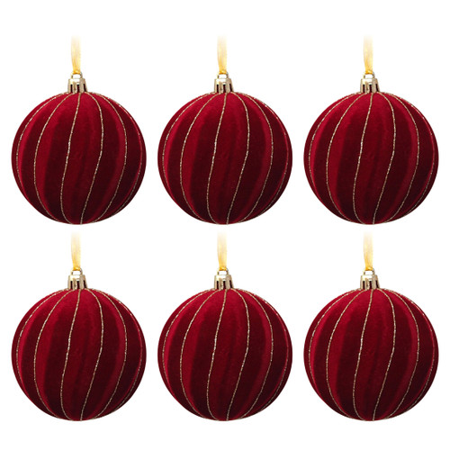 Red Velvet Flocked Christmas Bauble with Glitter Swirl Stripes - Set of 6 Red Velvet Flocked Christmas Bauble with Glitter Swirl Stripes - Set of 6