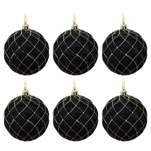 Dark Green Velvet Flocked Christmas Bauble - Velvet Harlequin Style - Set Of 6 Dark Green Velvet Flocked Christmas Bauble - Velvet Harlequin Style - Set Of 6