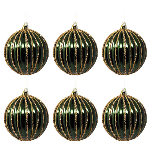 Deep Green & Glitter Gold Ribbed Christmas Bauble - Set of 6 Deep Green & Glitter Gold Ribbed Christmas Bauble - Set of 6