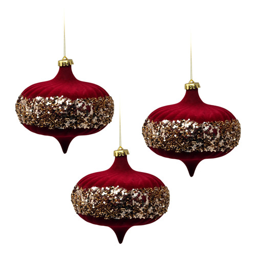 Deep Red 15cm Giant Flock Red Velvet Baubles - With Gold Beading - Set of 3 Deep Red 15cm Giant Flock Red Velvet Baubles - With Gold Beading - Set of 3