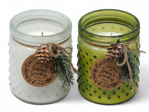 Scented Christmas Glass Jar Candles - Pine Cones - Sage Green / White - Set of 2
