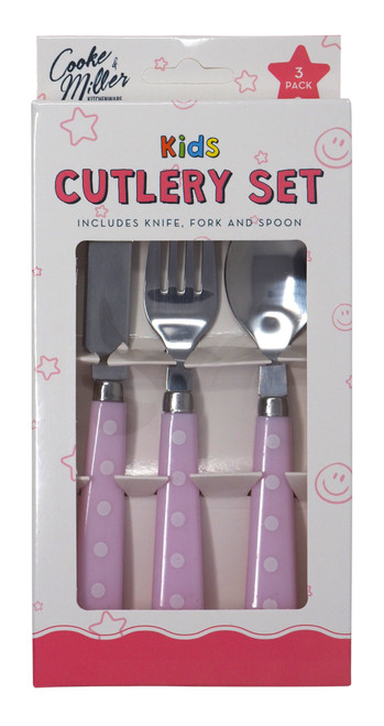 Kids Cutlery Set with Knife Fork and Spoon - Pink Polka Dot