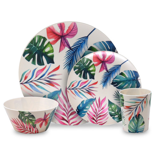 Reusable Plastic Dining Picnic Set - 16pcs Plates Bowls Cups - Tropical