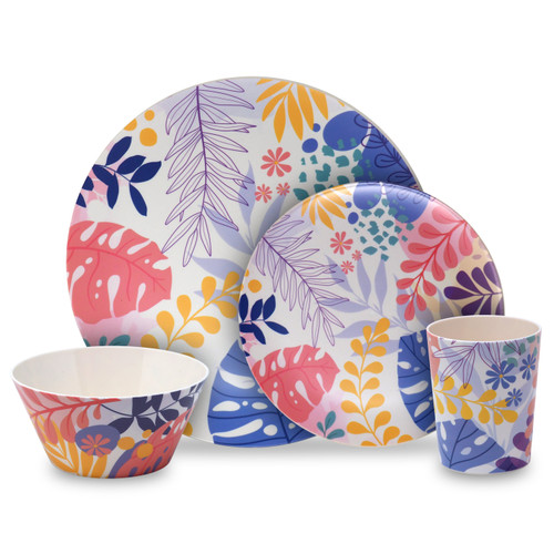 Reusable Plastic Dining Picnic Set - 16pcs Plates Bowls Cups - Floral