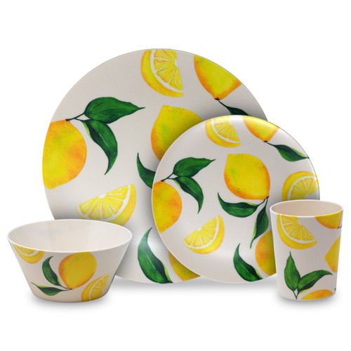 Reusable Plastic Dining Picnic Set - 16pcs Plates Bowls Cups - Lemon