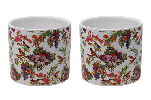 Floral Indoor Ceramic Plant Flower Pot - Flowers & Birds - Set of 2