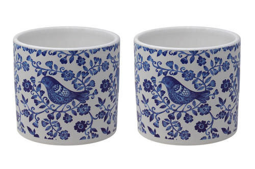 Blue & White Indoor Ceramic Plant Flower Pot - Bird - Set of 2