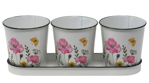 White Metal Floral Set of 3 Plant Pots with Tray - Flowers & Butterfly