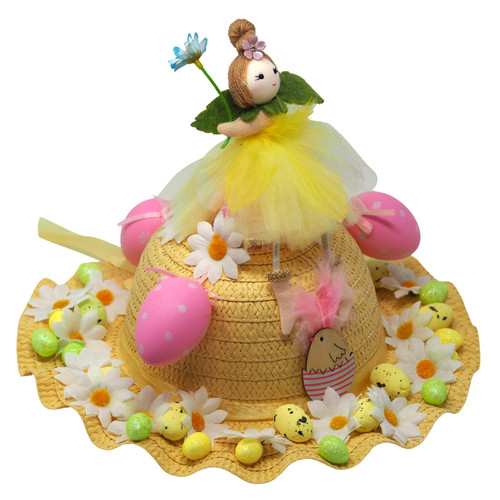 Girls Ready Made Decorated Easter Hat Bonnet - Yellow Fairy