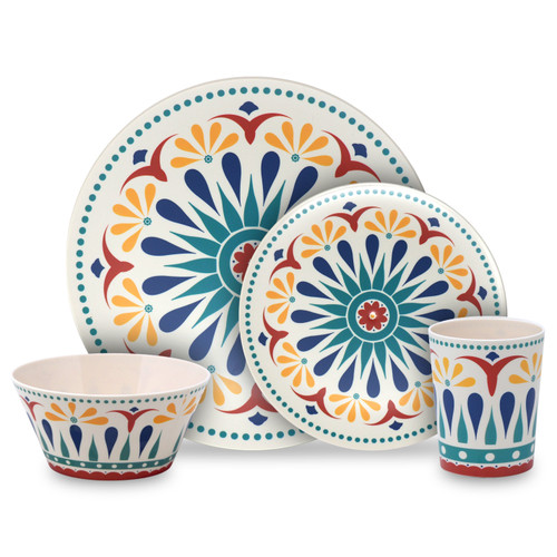 Reusable Plastic Dining Picnic Set - 16pcs Plates Bowls Cups - Moroccan