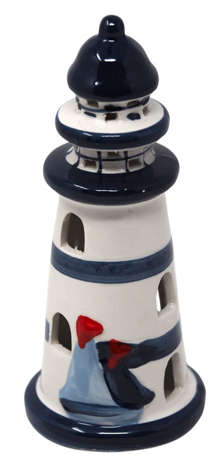 Ceramic Lighthouse Ornament with LED Navy Blue and White Coastal Decoration 14cm