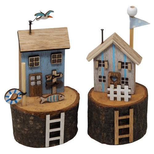 Coastal Wooden Cottage Ornament Decorations on Log Base 13cm - Set of 2