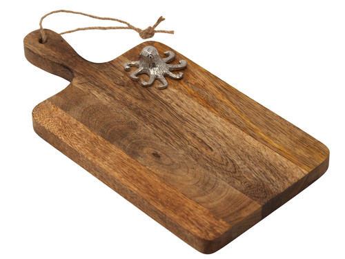 Wooden Serving Board with 3D Silver Octopus Detail 30cm