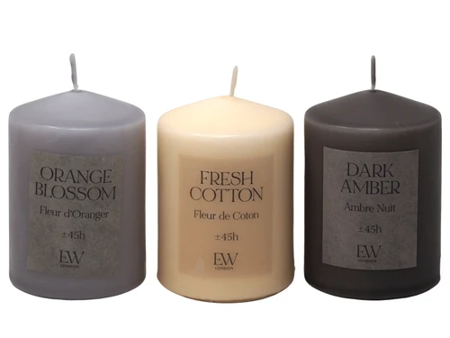 Scented 10cm Pillar Candles 45 Hour Burn Time Dark Light Grey Cream - Set of 3