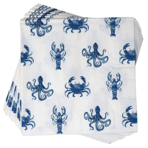 Sea Life Paper Napkins with Blue Marine Animal Print - Set of 20