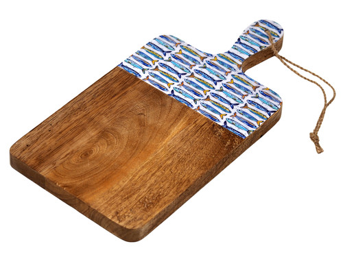 Wooden Serving Board with Ceramic Fish Pattern Detail and Rope Handle