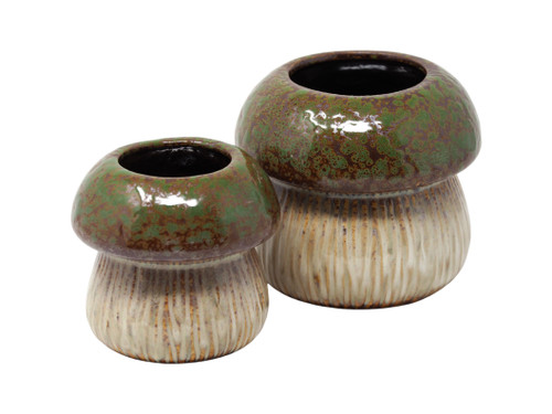 Mushroom Toadstool Glazed Ceramic Plant Pot Set - Green and Cream - Set of 2