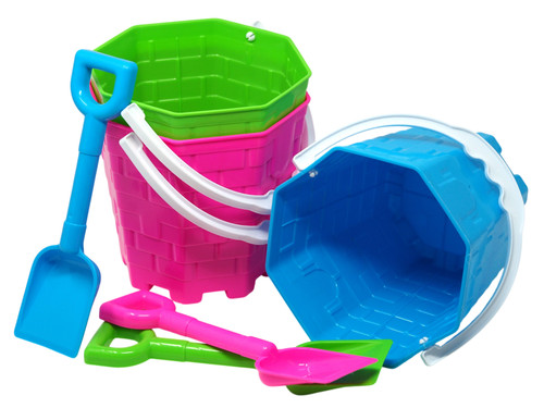 Children's Octagonal Castle Beach Bucket and Spade - Pink Blue Green - Set of 3