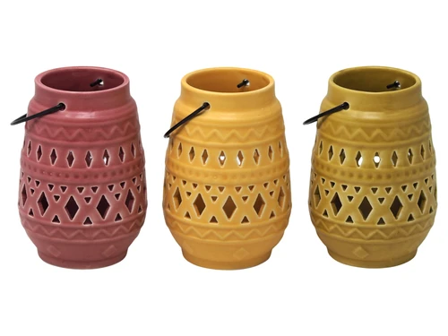 Decorative Ceramic Lanterns Moroccan inspired Design - Metal Handles - Set of 3