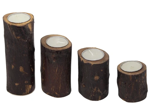 Rustic Natural Wood Log Tealight Candle Holders - Set of 4