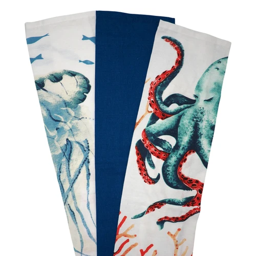 Coastal Sea Life Tea Towels with Jellyfish and Octopus Designs - Set of 3