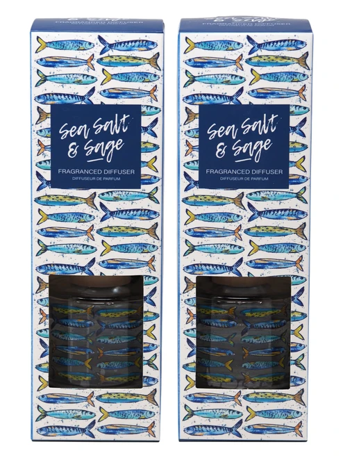 Sea Salt & Sage Fragranced Reed Diffusers with Coastal Fish Design - Set of 2