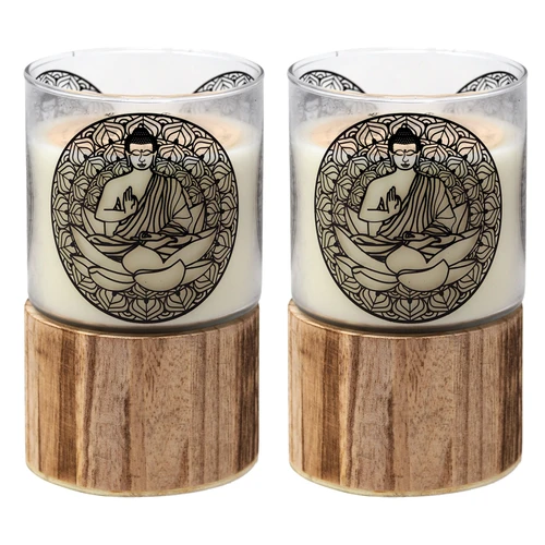 Large Buddha Design Fragranced Glass Candles with Wood Base - Set of 2