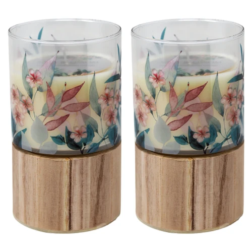 Large Floral Fragranced Candles in Glass Holders Wooden Base - Set of 2