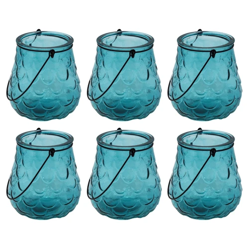 Mermaid Blue Textured Glass Lantern Candle Holders with Wire Handles - Set of 6