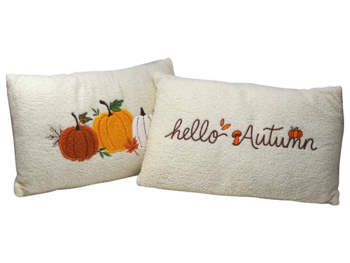 Embroidered Autumn Pumpkin Bouclé Cushions in Cream - Set of 2