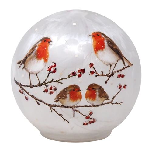 Christmas LED Glass Globe Robin & Winter Berry Design - Light Up Decoration