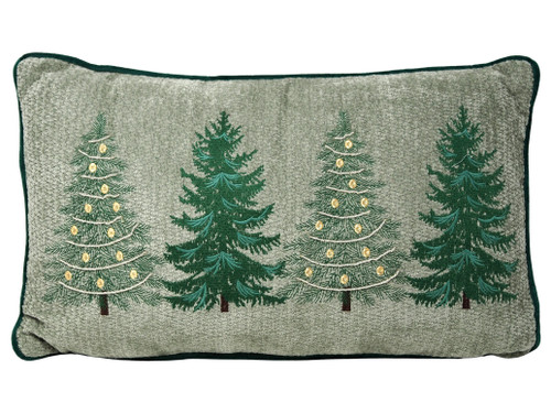 Green Embroidered Christmas Tree Rectangular Cushion with Velvet Piping
