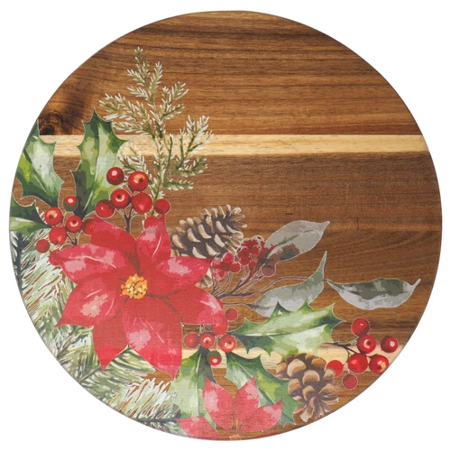 Lazy Susan Christmas Red Poinsettia Wooden Rotating Serving Board